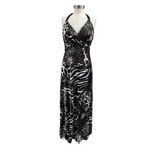 Y2K Morgan & Co Animal Print Halter Maxi Dress Sz M Prom‎ Formal Vintage